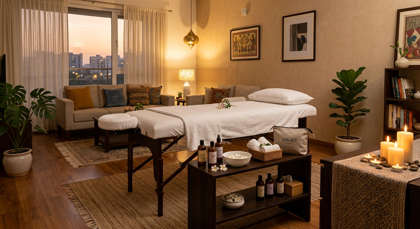 Massage table set up for home massage service in a Hinjewadi apartment